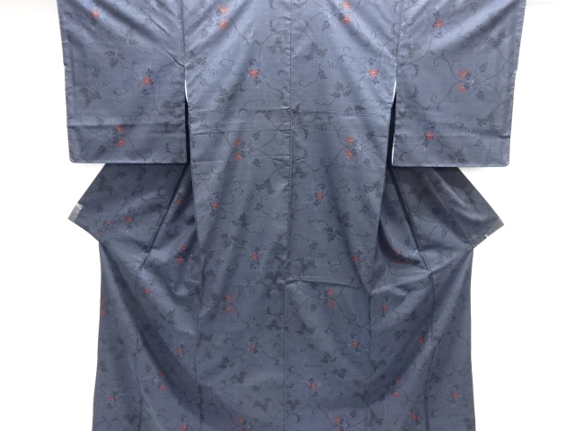 JAPANESE KIMONO / SILK / DORO OSHIMA TSUMUGI / WOVEN FLORAL ARABESQUE